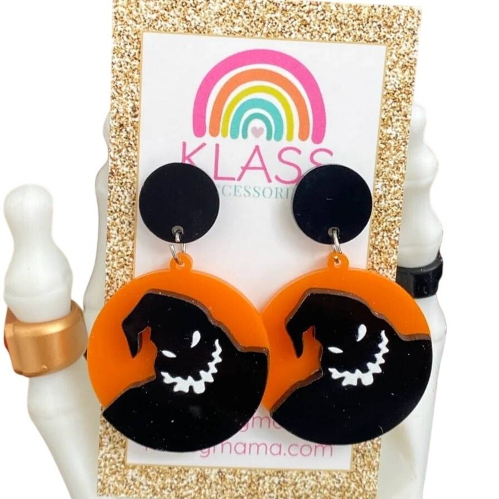 Klass Oogie Boogie Inspired Halloween Acrylic Drop Earrings Orange Black Bash